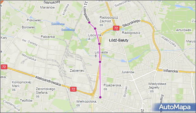 Mapa Polski Targeo, Autobus 99 - trasa 11 Listopada - zajezdnia LIMANOWSKIEGO. MPKLodz na mapie Targeo