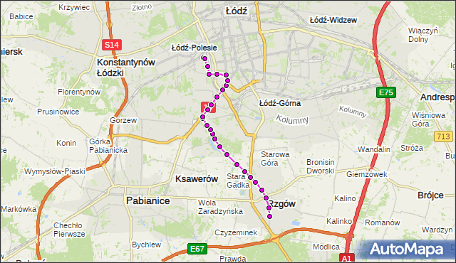Mapa Polski Targeo, Autobus 50 - trasa - zajezdnia NOWE SADY. MPKLodz na mapie Targeo