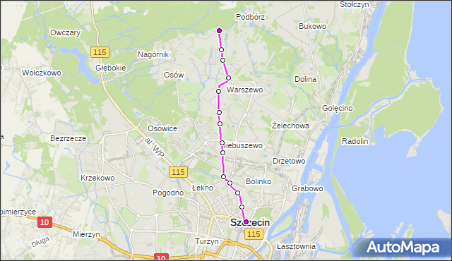 Mapa Polski Targeo, Autobus 530 - trasa Podbórz - Plac Rodła. ZDiTM Szczecin na mapie Targeo