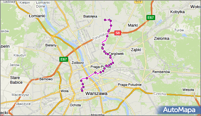 Mapa Polski Targeo, Autobus N11 - trasa SKARBKA Z GÓR - DW.CENTRALNY. ZTM Warszawa na mapie Targeo