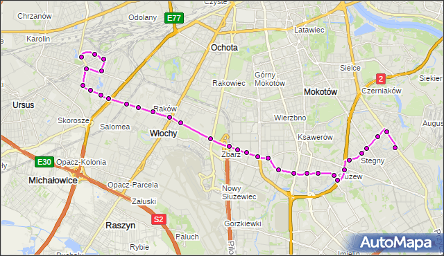 Mapa Polski Targeo, Autobus 189 - trasa SADYBA - WAŁOWICKA. ZTM Warszawa na mapie Targeo