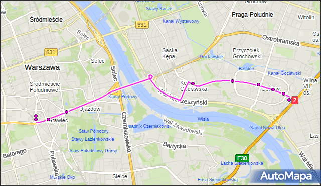 Mapa Polski Targeo, Autobus 411 - trasa GOCŁAW - METRO POLITECHNIKA. ZTM Warszawa na mapie Targeo