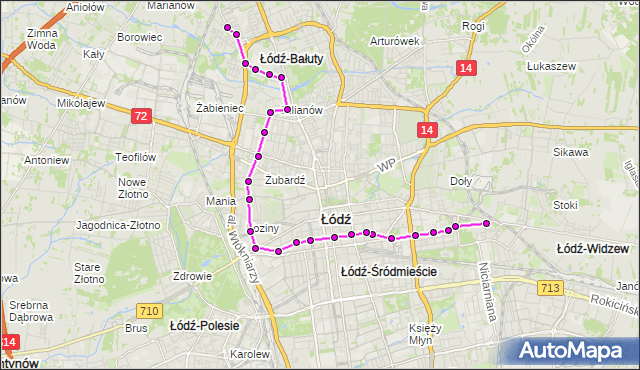 Mapa Polski Targeo, Autobus 73 - trasa - 11 Listopada. MPKLodz na mapie Targeo