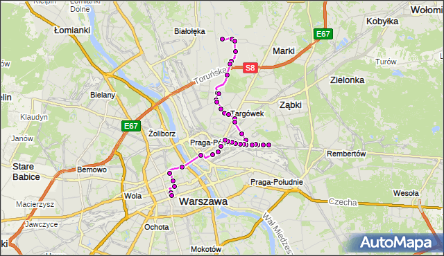 Mapa Polski Targeo, Autobus N11 - trasa SKARBKA Z GÓR - DW.CENTRALNY. ZTM Warszawa na mapie Targeo