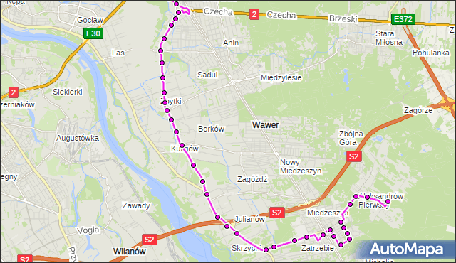 Mapa Polski Targeo, Autobus 142 - trasa ALEKSANDRÓW - WIATRACZNA. ZTM Warszawa na mapie Targeo