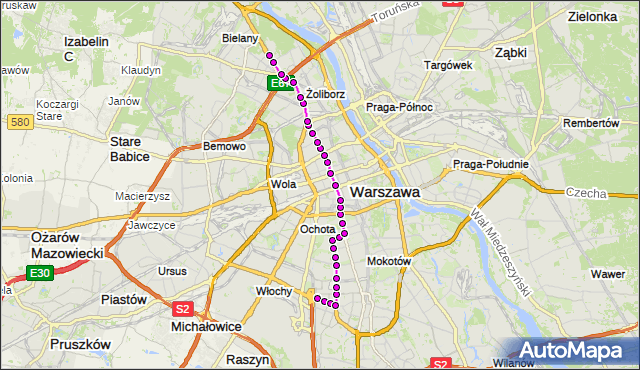 Mapa Polski Targeo, Tramwaj 17 - trasa SŁUŻEWIEC - TWARDOWSKA. ZTM Warszawa na mapie Targeo