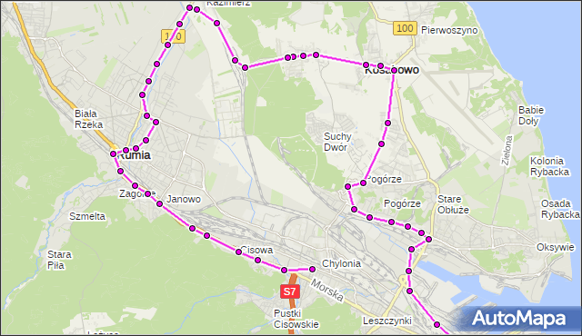 Mapa Polski Targeo, Autobus 173 - trasa Gdynia Dworzec Gł. PKP - Hala - Chylonia Dworzec PKP. ZKMGdynia na mapie Targeo