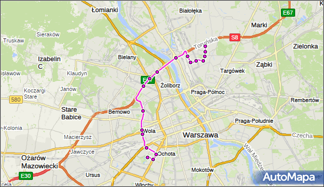 Mapa Polski Targeo, Autobus 414 - trasa BRÓDNO-PODGRODZIE - SZCZĘŚLIWICE. ZTM Warszawa na mapie Targeo