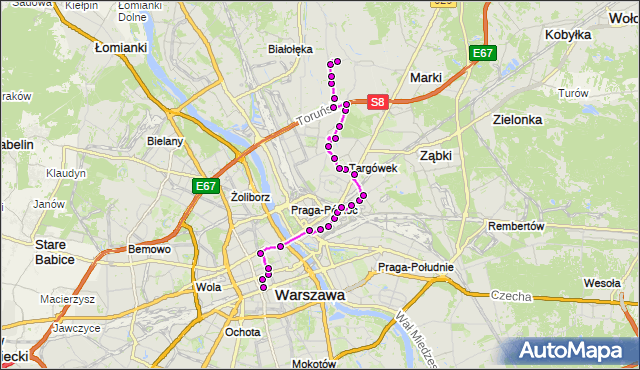 Mapa Polski Targeo, Autobus N11 - trasa DW.CENTRALNY - SKARBKA Z GÓR. ZTM Warszawa na mapie Targeo