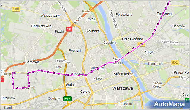Mapa Polski Targeo, Autobus 190 - trasa OS.GÓRCZEWSKA - CH MARKI MK. ZTM Warszawa na mapie Targeo
