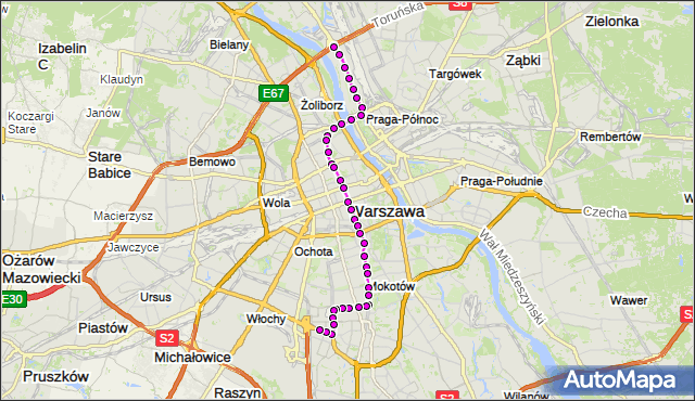 Mapa Polski Targeo, Tramwaj 18 - trasa ŻERAŃ FSO - SŁUŻEWIEC. ZTM Warszawa na mapie Targeo