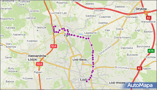 Mapa Polski Targeo, Autobus 51 - trasa - Parzęczewska /Staffa(Zgierz). MPKLodz na mapie Targeo