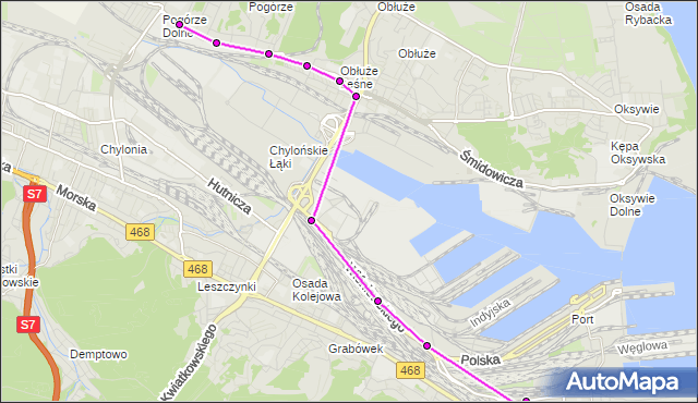 Mapa Polski Targeo, Autobus 770 - trasa Gdynia Dworzec Gł. PKP - Hala - Baza na Pogórzu Dolnym. ZKMGdynia na mapie Targeo