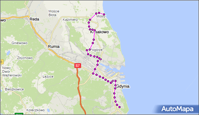 Mapa Polski Targeo, Autobus 105 - trasa Powstań Chłopskich - Mechelinki. ZKMGdynia na mapie Targeo