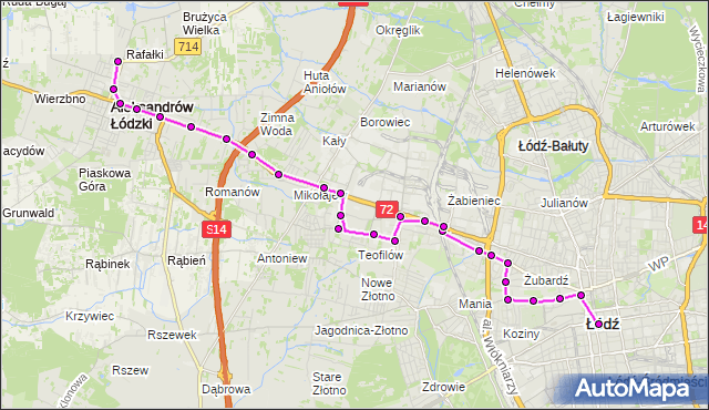 Mapa Polski Targeo, Autobus 78 - trasa plac Wolności - Targowy Rynek(Aleksandrów). MPKLodz na mapie Targeo