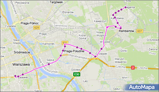 Mapa Polski Targeo, Autobus 415 - trasa MOKRY ŁUG - METRO POLITECHNIKA. ZTM Warszawa na mapie Targeo