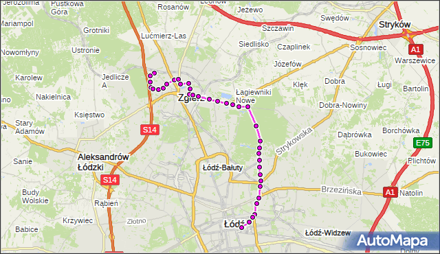 Mapa Polski Targeo, Autobus 51 - trasa Parzęczewska /Staffa(Zgierz) - plac Dąbrowskiego. MPKLodz na mapie Targeo
