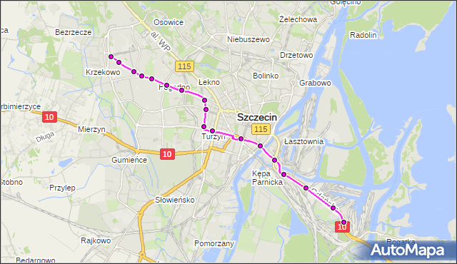 Mapa Polski Targeo, Tramwaj 7 - trasa Krzekowo - Basen Górniczy. ZDiTM Szczecin na mapie Targeo