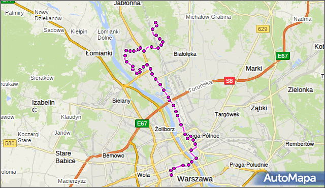 Mapa Polski Targeo, Autobus N13 - trasa DW.CENTRALNY - CHOSZCZÓWKA. ZTM Warszawa na mapie Targeo