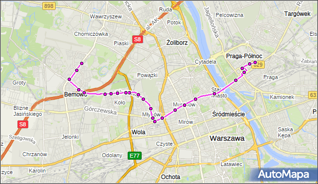 Mapa Polski Targeo, Tramwaj 23 - trasa CZYNSZOWA - NOWE BEMOWO. ZTM Warszawa na mapie Targeo