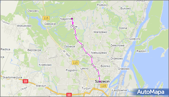Mapa Polski Targeo, Autobus 532 - trasa - Plac Rodła 
