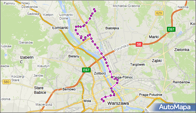 Mapa Polski Targeo, Autobus N13 - trasa CHOSZCZÓWKA - DW.CENTRALNY. ZTM Warszawa na mapie Targeo
