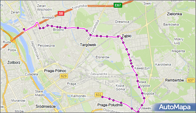 Mapa Polski Targeo, Autobus 145 - trasa WIATRACZNA - ŻERAŃ FSO. ZTM Warszawa na mapie Targeo