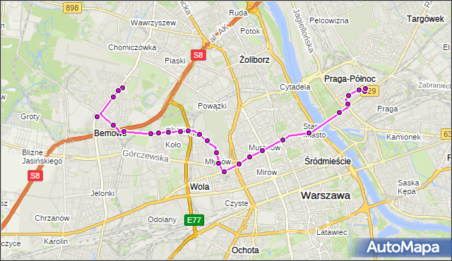 Mapa Polski Targeo, Tramwaj 23 - trasa NOWE BEMOWO - CZYNSZOWA. ZTM Warszawa na mapie Targeo