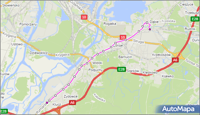 Mapa Polski Targeo, Autobus 533 - trasa Dąbie Dworzec - Klucz Pętla. ZDiTM Szczecin na mapie Targeo