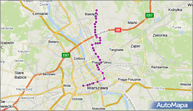 Mapa Polski Targeo, Autobus N14 - trasa DW.CENTRALNY - BRZEZINY. ZTM Warszawa na mapie Targeo