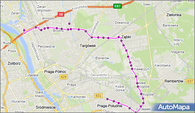 Mapa Polski Targeo, Autobus 145 - trasa ŻERAŃ FSO - WIATRACZNA. ZTM Warszawa na mapie Targeo