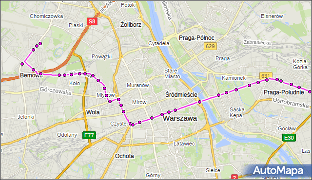 Mapa Polski Targeo, Tramwaj 24 - trasa NOWE BEMOWO - GOCŁAWEK. ZTM Warszawa na mapie Targeo