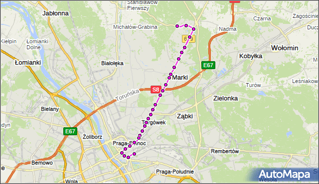 Mapa Polski Targeo, Autobus 718 - trasa CZARNA STRUGA MK - DW.WSCHODNI (KIJOWSKA). ZTM Warszawa na mapie Targeo