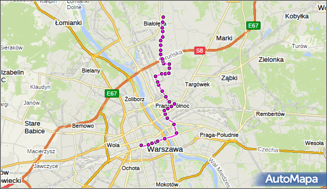 Mapa Polski Targeo, Autobus N14 - trasa DW.CENTRALNY - BRZEZINY. ZTM Warszawa na mapie Targeo