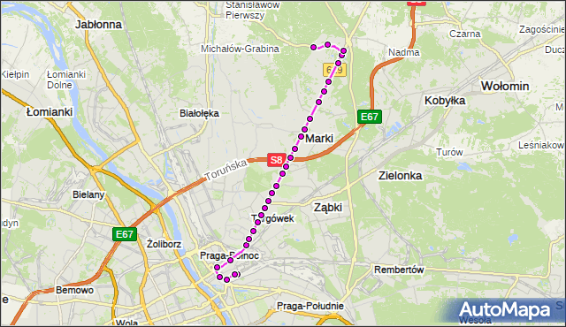 Mapa Polski Targeo, Autobus 718 - trasa DW.WSCHODNI (KIJOWSKA) - CZARNA STRUGA MK. ZTM Warszawa na mapie Targeo