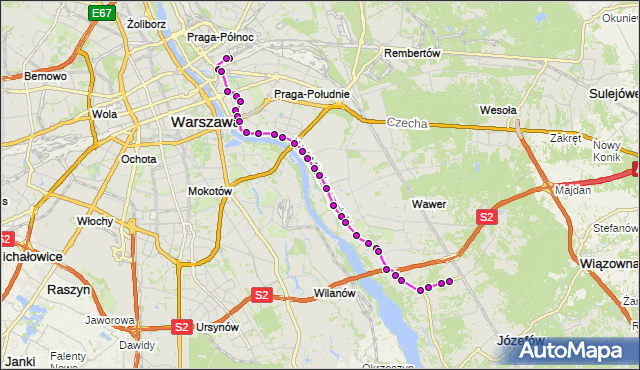 Mapa Polski Targeo, Autobus 146 - trasa DW.WSCHODNI (KIJOWSKA) - FALENICA. ZTM Warszawa na mapie Targeo