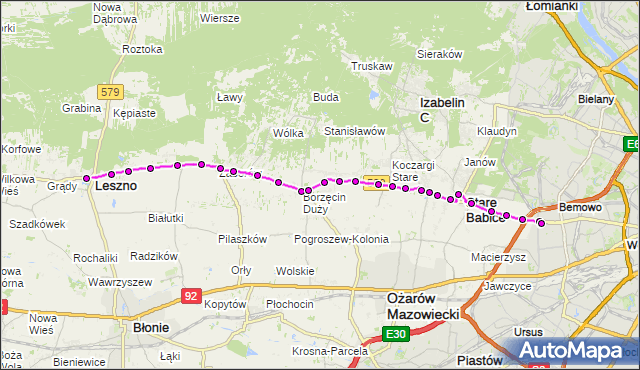 Mapa Polski Targeo, Autobus 719 - trasa LESZNO LE - OS.GÓRCZEWSKA. ZTM Warszawa na mapie Targeo