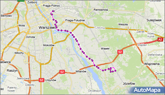 Mapa Polski Targeo, Autobus 146 - trasa DW.WSCHODNI (KIJOWSKA) - FALENICA. ZTM Warszawa na mapie Targeo