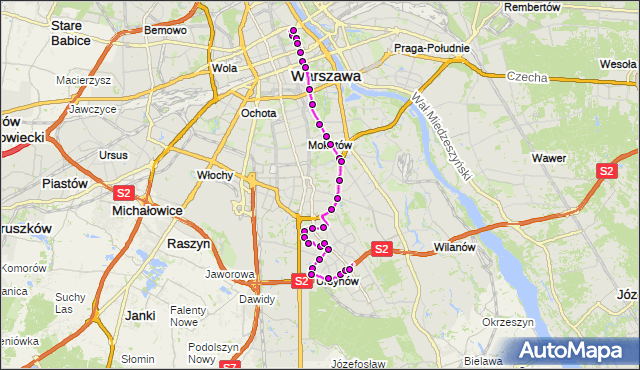 Mapa Polski Targeo, Autobus 195 - trasa PL.PIŁSUDSKIEGO - NATOLIN PŁN.. ZTM Warszawa na mapie Targeo