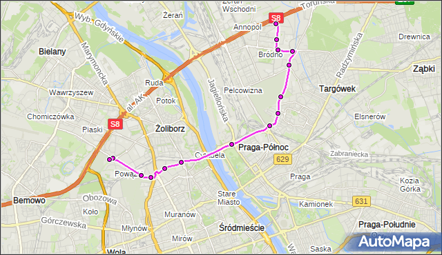 Mapa Polski Targeo, Autobus 500 - trasa BRÓDNO-PODGRODZIE - POWĄZKI-CM.WOJSKOWY. ZTM Warszawa na mapie Targeo