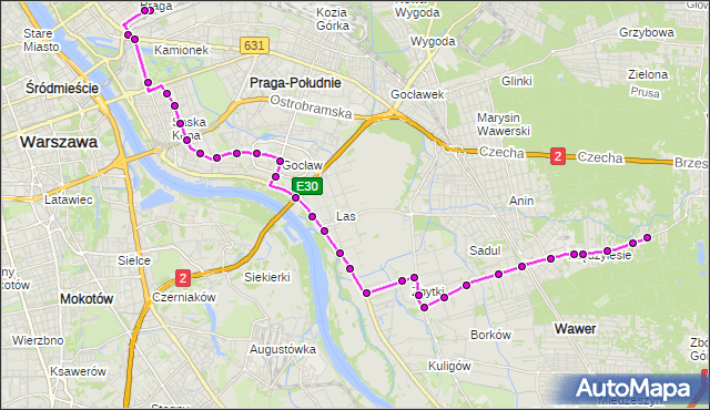 Mapa Polski Targeo, Autobus 147 - trasa DW.WSCHODNI (KIJOWSKA) - WIŚNIOWA GÓRA. ZTM Warszawa na mapie Targeo