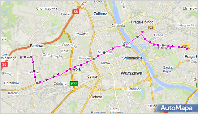 Mapa Polski Targeo, Tramwaj 26 - trasa OS.GÓRCZEWSKA - WIATRACZNA. ZTM Warszawa na mapie Targeo