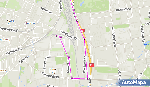 Mapa Polski Targeo, Autobus 52 - trasa Dworzec Łódź - Kaliska - zajezdnia NOWE SADY. MPKLodz na mapie Targeo