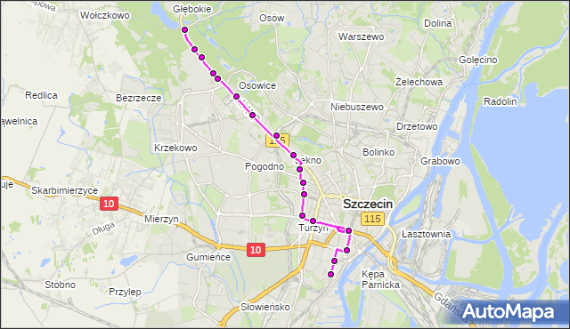 Mapa Polski Targeo, Tramwaj 9 - trasa Głębokie - Potulicka. ZDiTM Szczecin na mapie Targeo