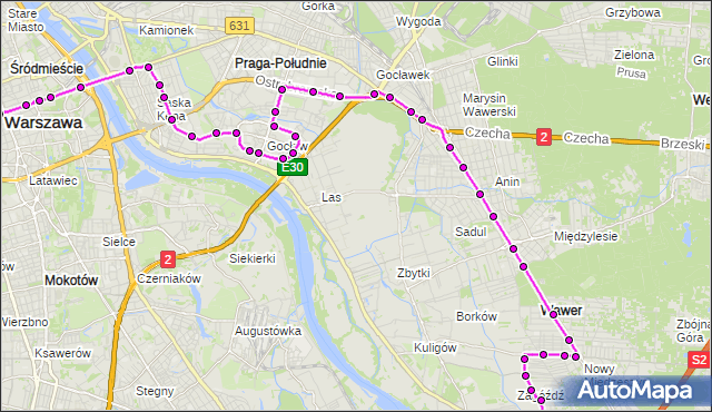 Mapa Polski Targeo, Autobus N22 - trasa FALENICA - DW.CENTRALNY. ZTM Warszawa na mapie Targeo