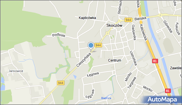 Skoczów powiat cieszyński, Cieszyńska, mapa Skoczów powiat cieszyński