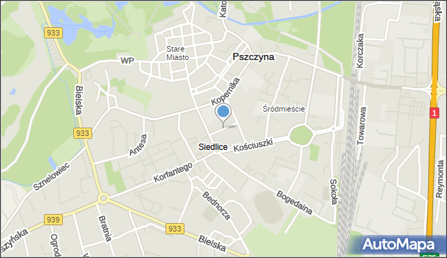 Pszczyna, Dawna Gwardii Ludowej, mapa Pszczyny