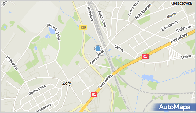 Żory, Dworcowa, mapa Żor