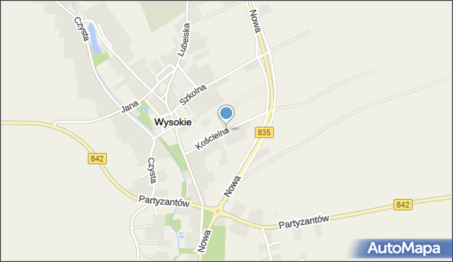 Wysokie powiat lubelski, Kościelna, mapa Wysokie powiat lubelski