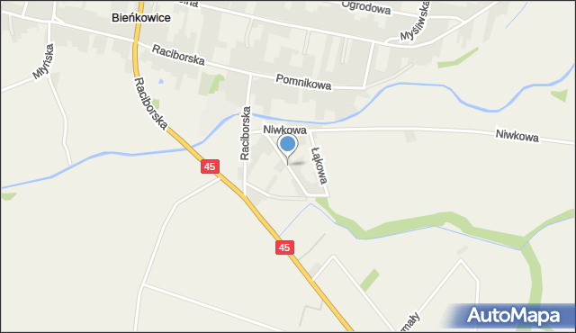 Bieńkowice gmina Krzyżanowice, Łąkowa, mapa Bieńkowice gmina Krzyżanowice